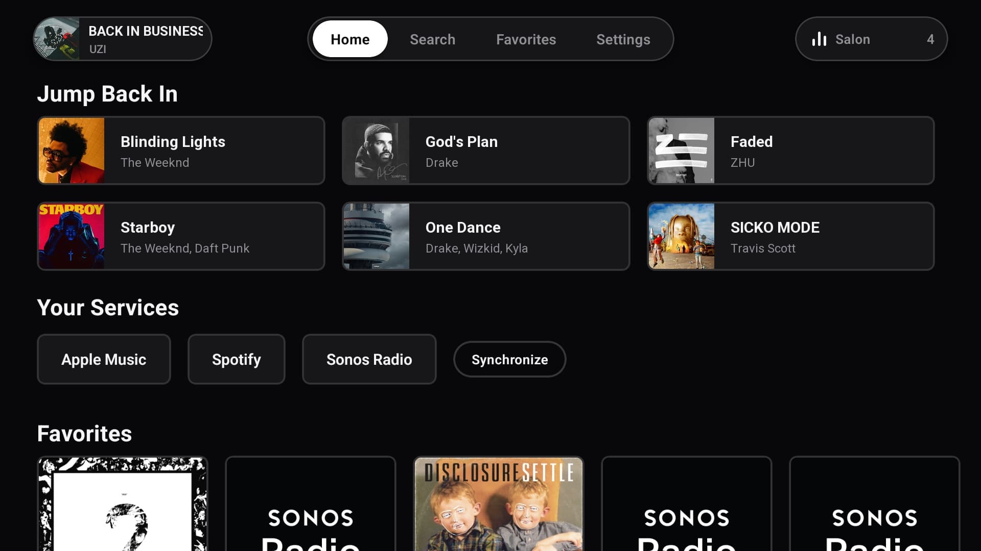 Home screen on an Android TV: a Jump Back In grid of recently played songs and radio, the linked music services Apple Music, Spotify and Sonos Radio, and a row of Sonos favorites.